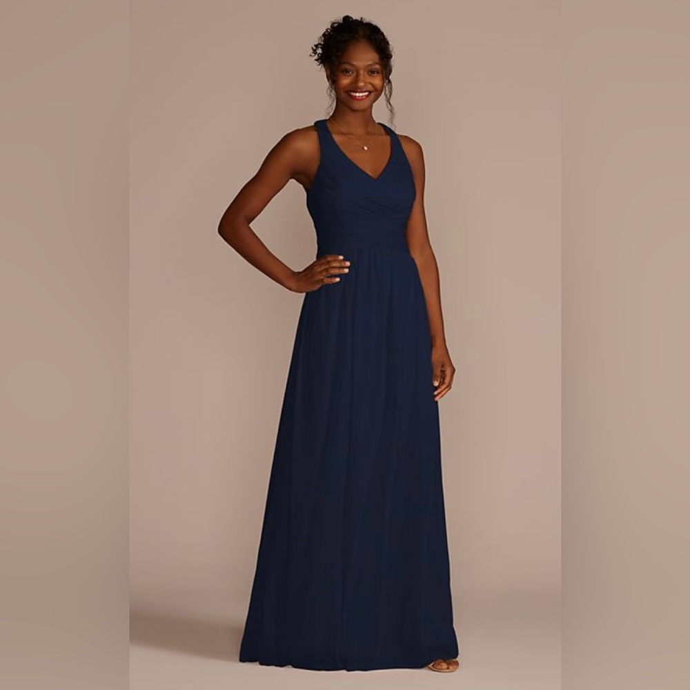 David’s Bridal Mesh Long Bridesmaid Dress with Crisscross Back in Marine, Size 2